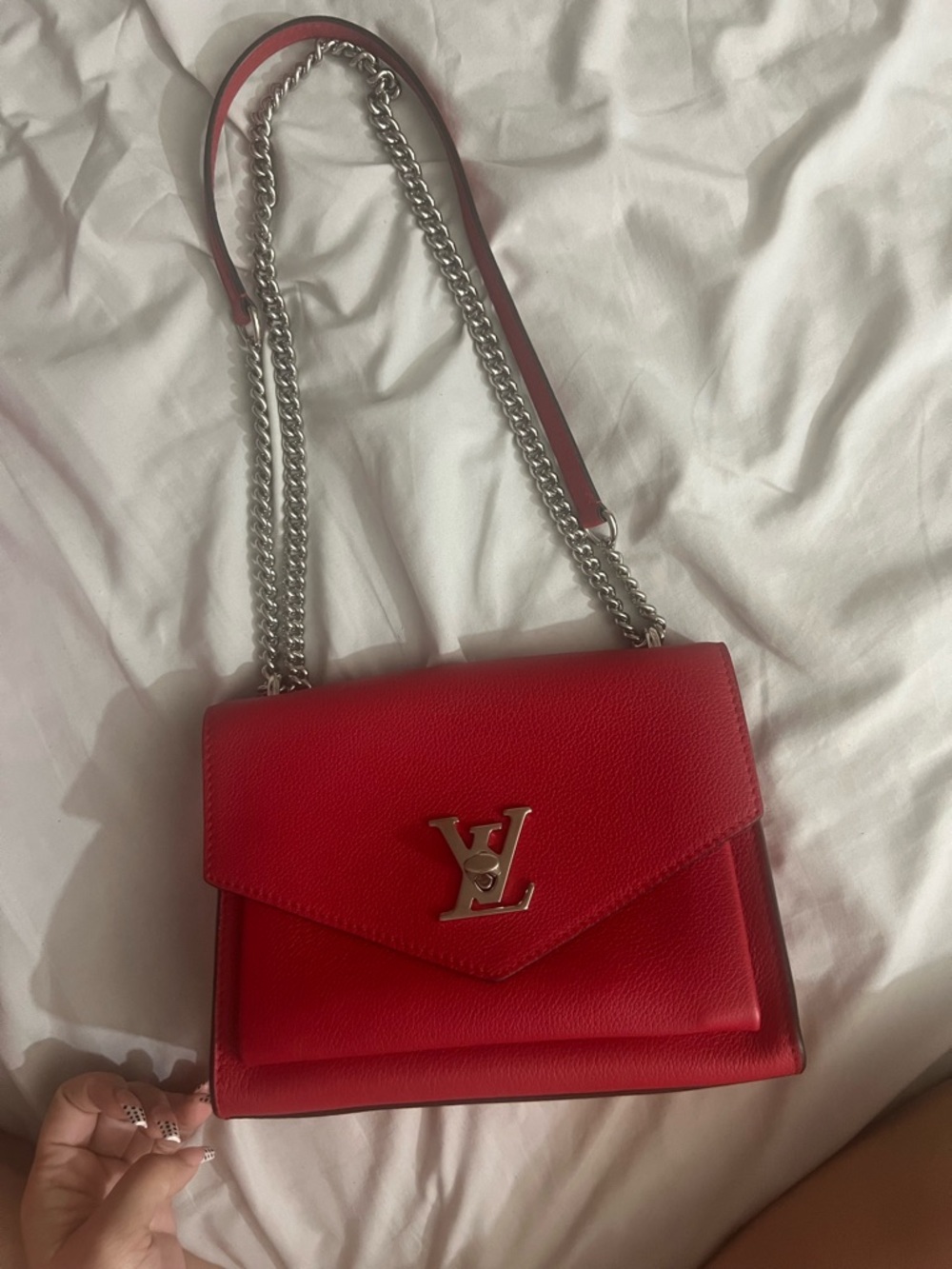 Louis Vuitton Red Leather Chain Shoulder Bag with Silver Hardware